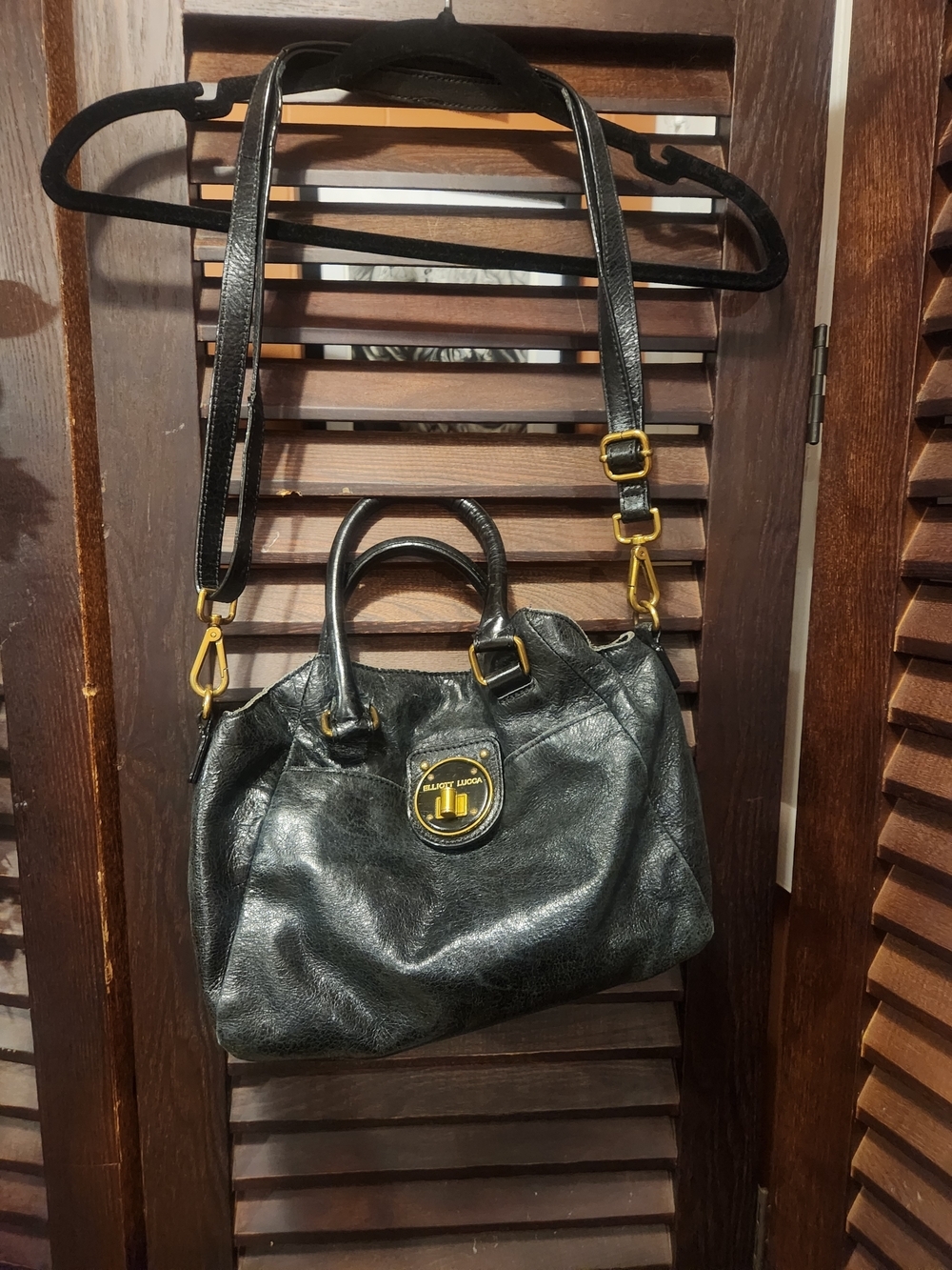 Elliott Lucca Black Leather Crossbody Satchel with Gold Hardware